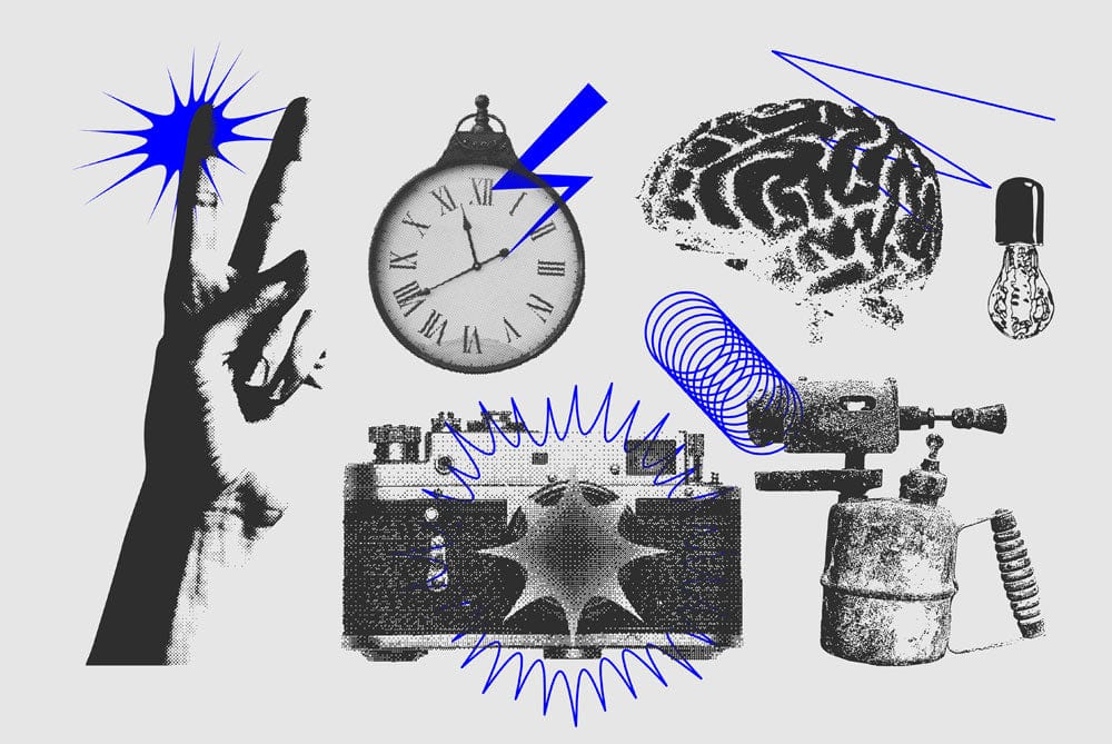 Retro Industrial Blue Monochrome Mural Wallpaper with Vintage Clock Design