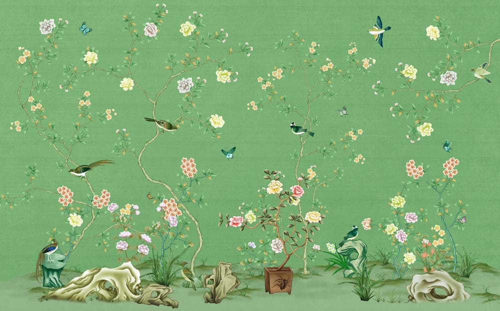 Elegant Green Floral Chinoiserie Wallpaper with Birds and Blossoms Design