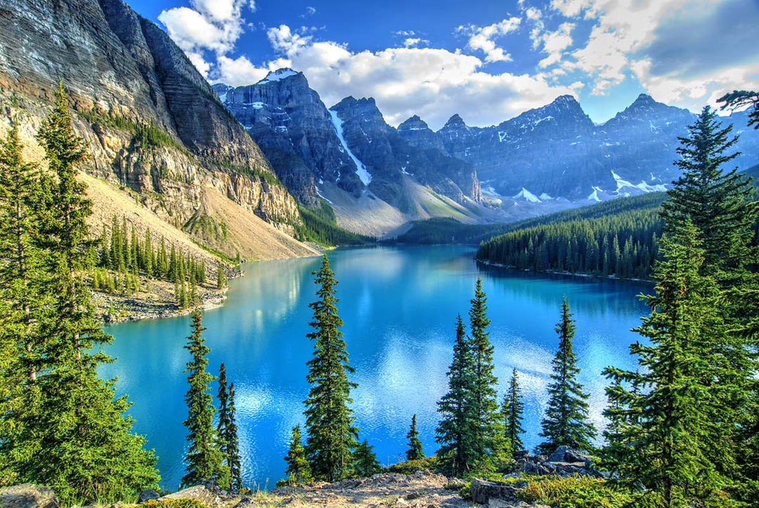 Majestic Mountain Lake Scenic Wallpaper Mural in Blue and Green Tones