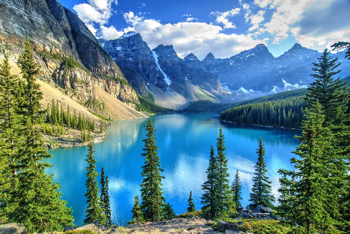 Majestic Mountain Lake Scenic Wallpaper Mural in Blue and Green Tones