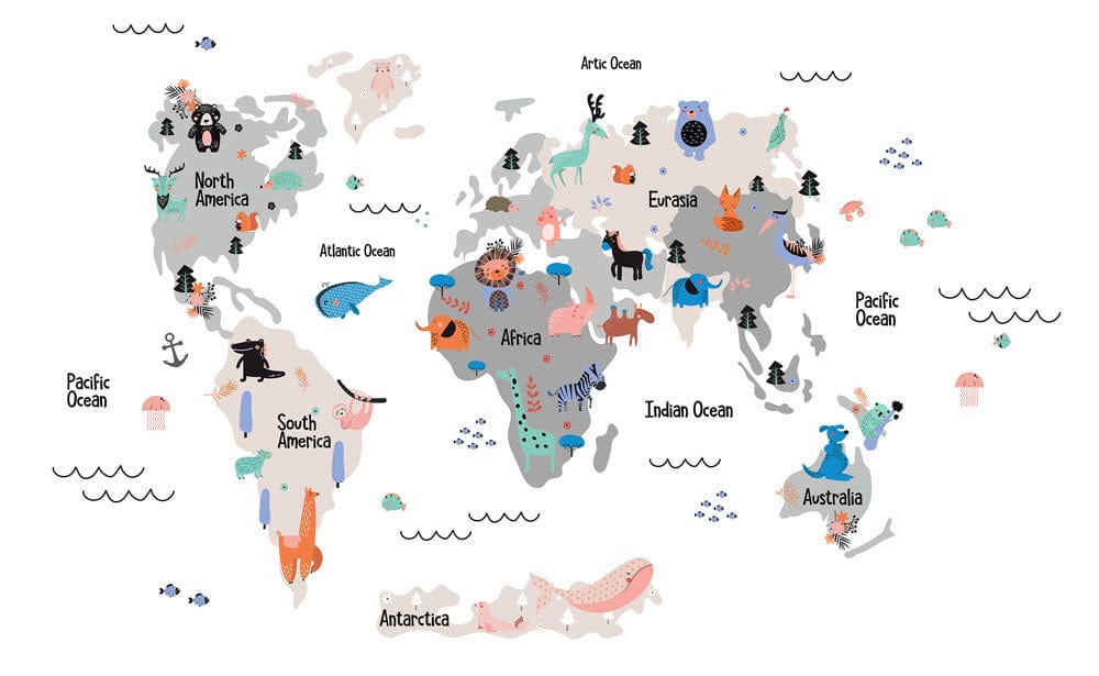 Children's Colourful World Map Mural Wallpaper - Animal Adventure Design