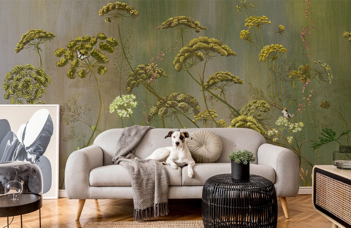 Botanical Garden Green Mural Wallpaper features wildflowers; grey sofa; wooden flooring; elegant living room.