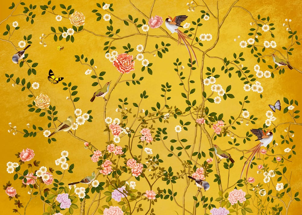 Golden Floral Garden Mural Wallpaper with Birds and Butterflies Design