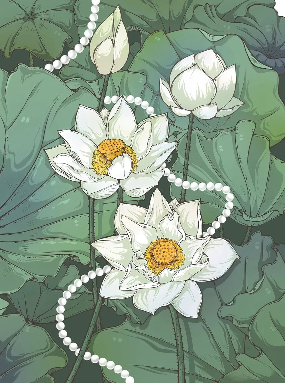 Green Lotus Blossom Mural Wallpaper with Elegant Botanical Pearl Design