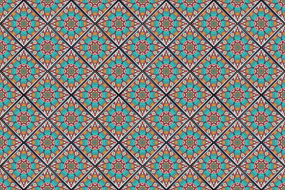 Vibrant Geometric Mosaic Pattern Wallpaper: Teal, Red, and Beige Elegance