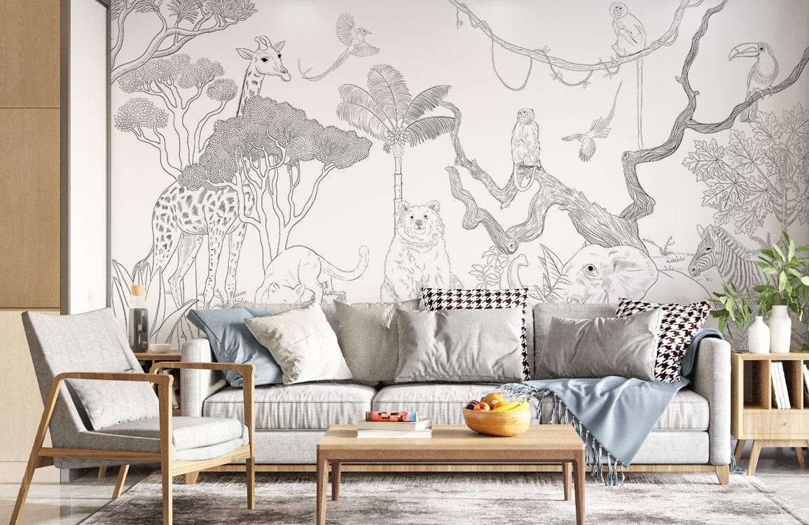 Monochrome Safari Wildlife Mural Wallpaper, jungle sketch design, grey sofa, light wood flooring, living room.