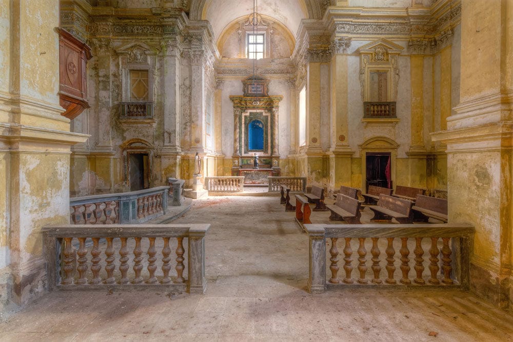 Vintage European Abbey Interior Mural - Antique Elegance in Warm Earth Tones