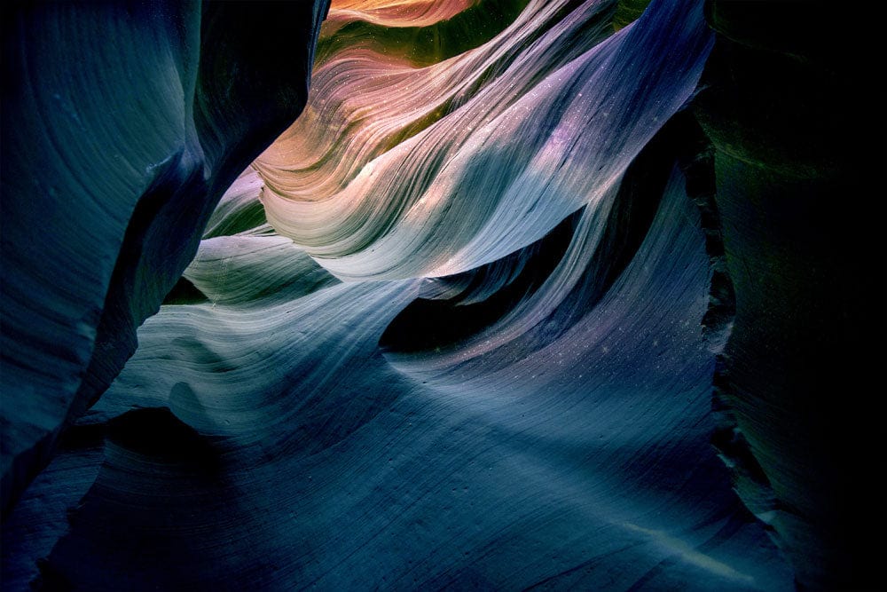 Abstract Canyon Wave Mural Wallpaper - Blue, Purple, and Peach Elegance