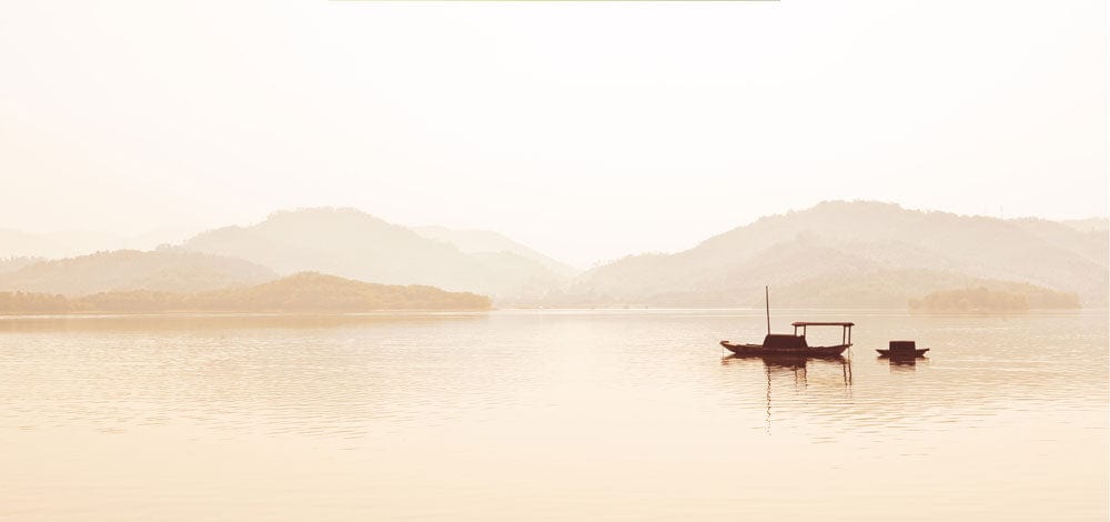 Tranquil Lake Mist Landscape Mural Wallpaper in Soft Neutral Tones