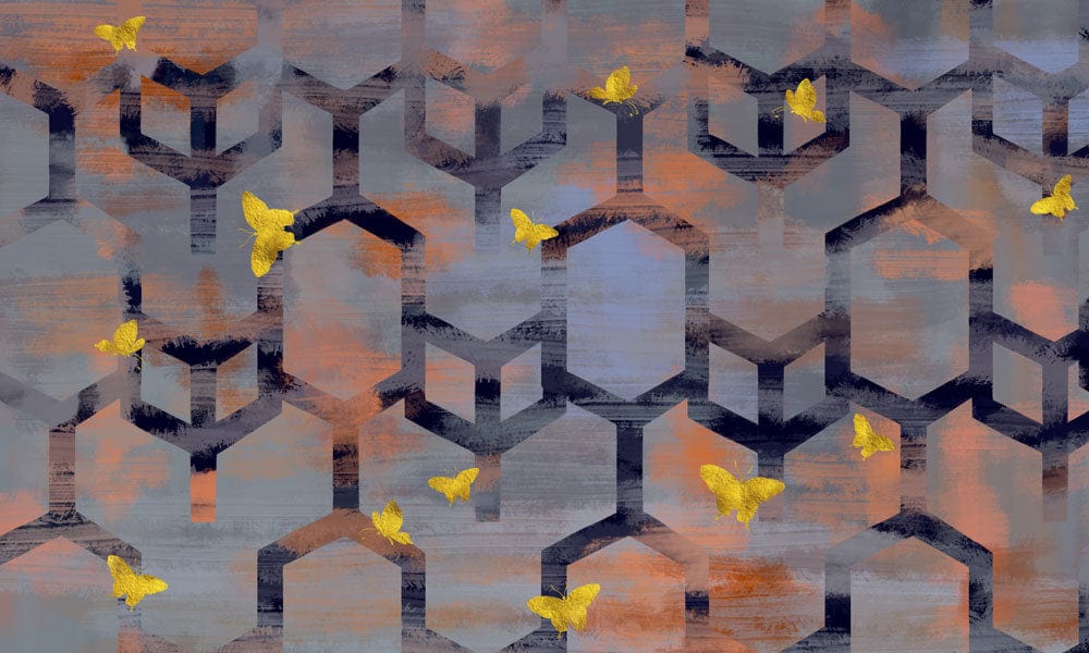 Abstract Grey and Orange Geometric Butterfly Pattern Mural Wallpaper