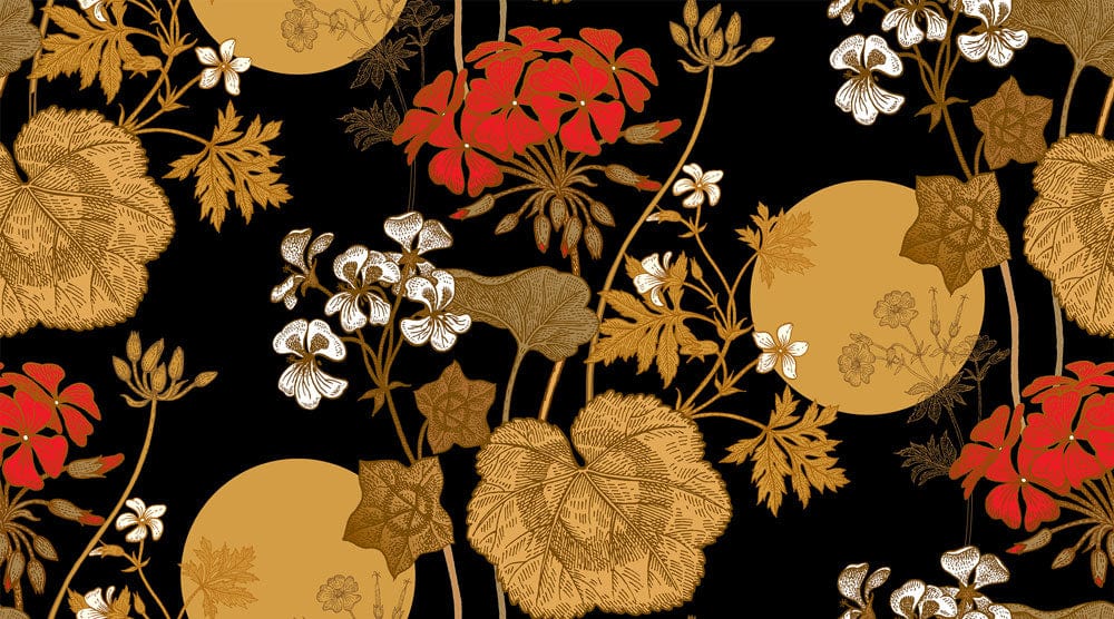 Elegant Oriental Botanical Floral Wallpaper with Gold, Red, and Black Design