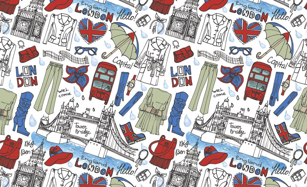 Colourful London Icons Pattern Wallpaper - British Style Décor Elegance