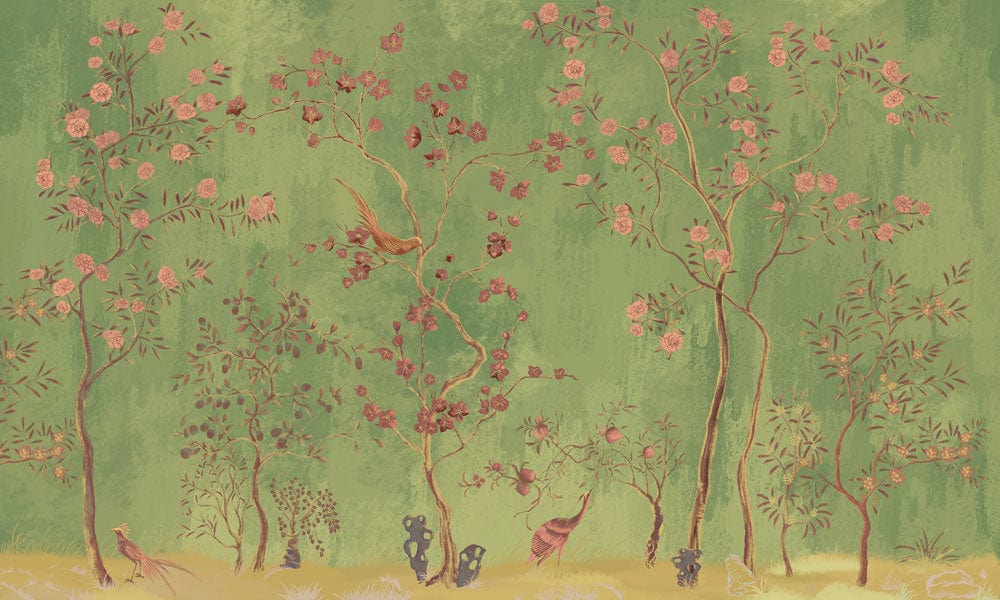 Elegant Green Chinoiserie Garden Wallpaper with Birds and Blooming Trees