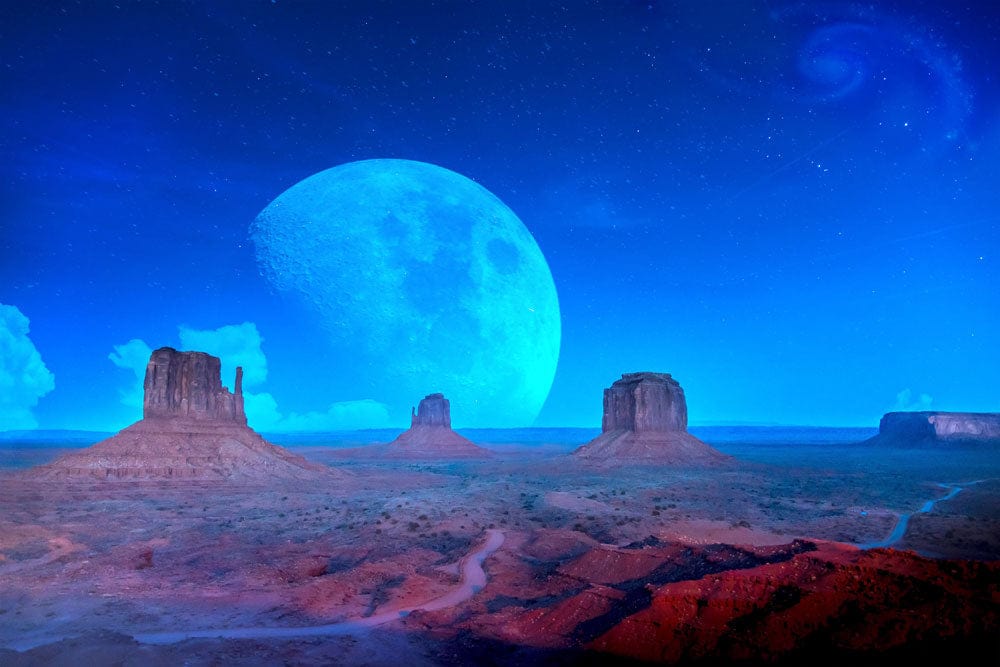 Surreal Desert Moonlit Landscape Mural Wallpaper - Cosmic Blue Tones