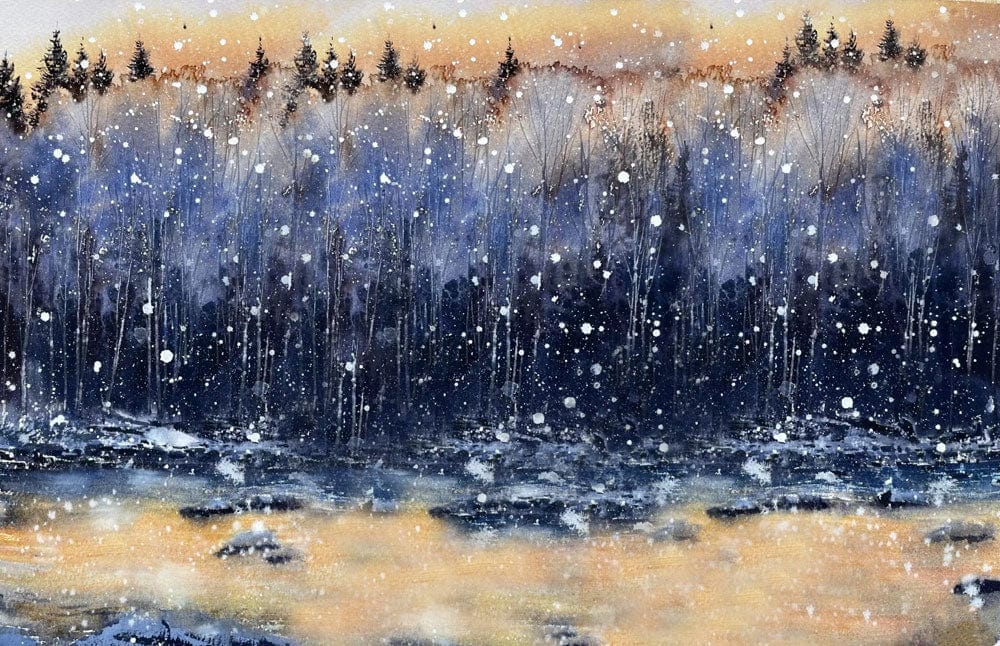 Tranquil Winter Forest Sunset Mural Wallpaper with Snowfall Scene Décor