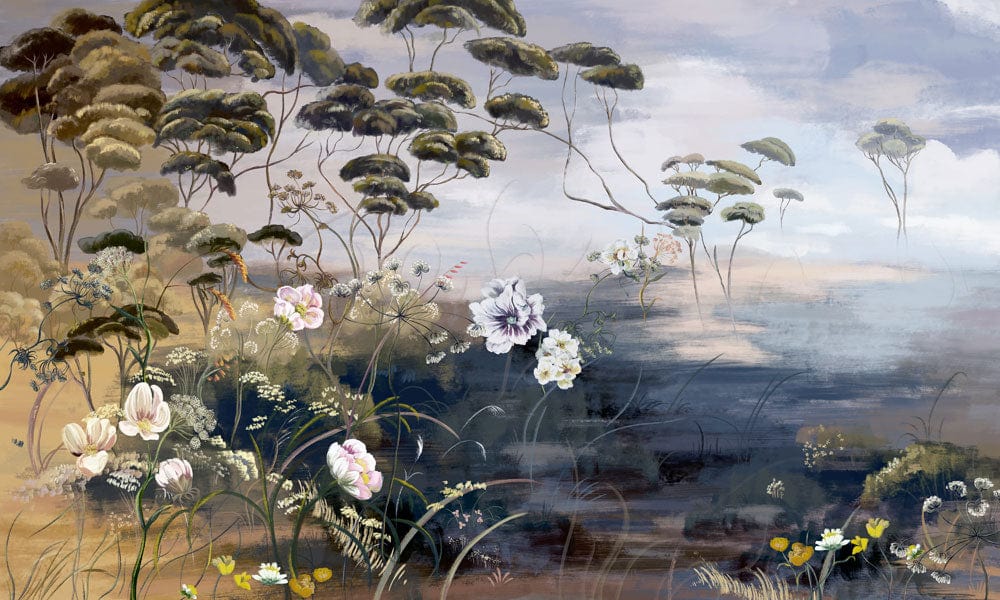 Tranquil Woodland Floral Mural Wallpaper in Soft Earth Tones and Pastels