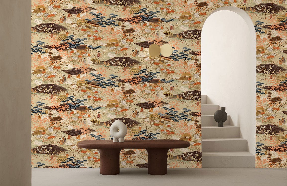 Vintage Oriental landscape mural wallpaper in earthy tones, featuring arched entrance, stone steps, modern table.