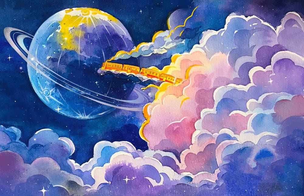 Celestial Train Journey: Colourful Night Sky Fantasy Mural Wallpaper