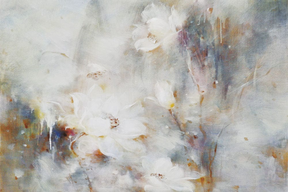 Ethereal Floral Mural Wallpaper with Soft White Pastel Watercolour Design