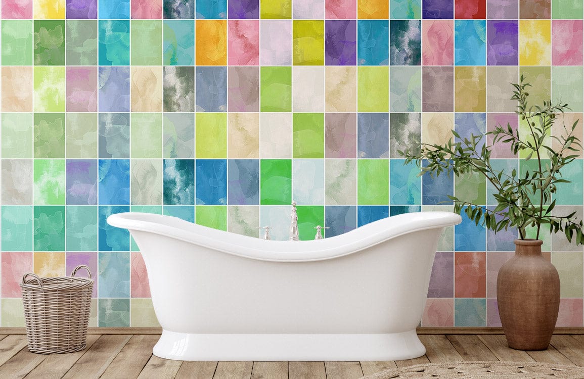 Colourful mosaic wall mural in bathroom featuring white bathtub, wooden flooring, and stylish decor elements.