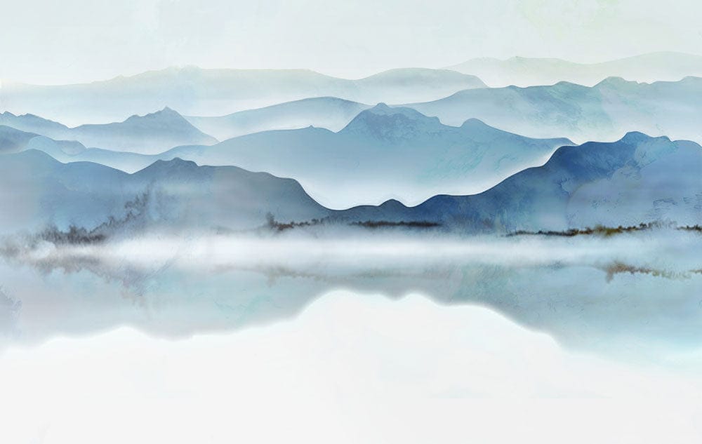 Tranquil Blue Misty Mountain Landscape Mural Wallpaper for Calming Spaces