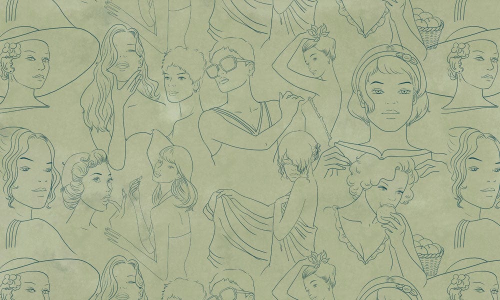 Vintage Line Art Women's Portrait Green Wallpaper for Elegant Interiors