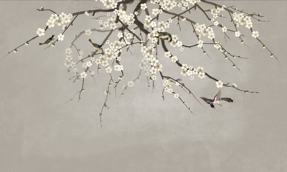 Elegant Blossom Branch Mural Wallpaper: Subtle Grey Background, Oriental Style Decor