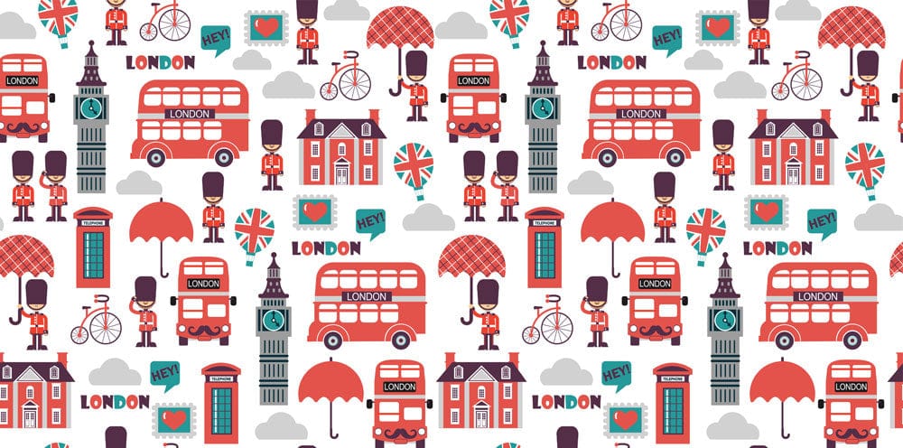 Charming London Icons Red Blue Patterned Mural Wallpaper for Home Decor