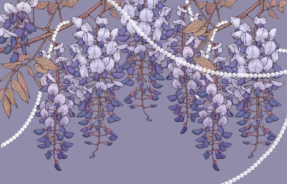 Elegant Wisteria and Pearls Purple Floral Mural Wallpaper - Vintage Charm Decor