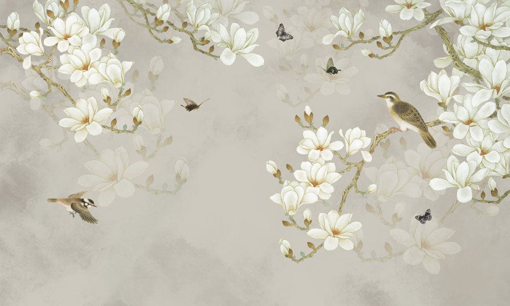Elegant Magnolia Blossom and Bird Mural Wallpaper in Soft Neutrals for Serenity