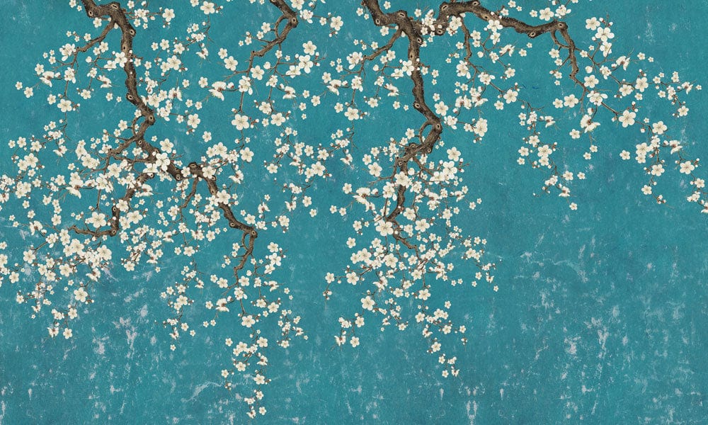 Teal Blossom Branches Vintage Floral Wallpaper Mural, Elegant Nature Decor