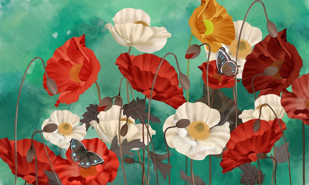 Vibrant Poppy Flower Mural Wallpaper with Butterflies in Red, Orange, and White
