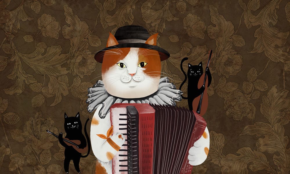Cats Playing Accordion Vintage Brown Wallpaper - Whimsical Animal Pattern