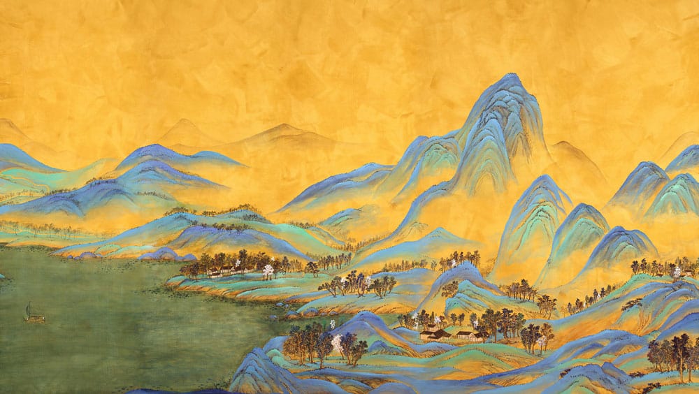 Golden Tranquility: Traditional Blue Mountain Landscape Mural Wallpaper Art Decor.