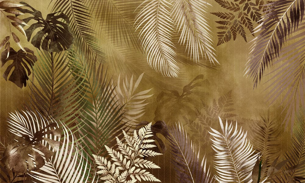 Vintage Tropical Foliage Wallpaper Mural in Earthy Brown Tones Design