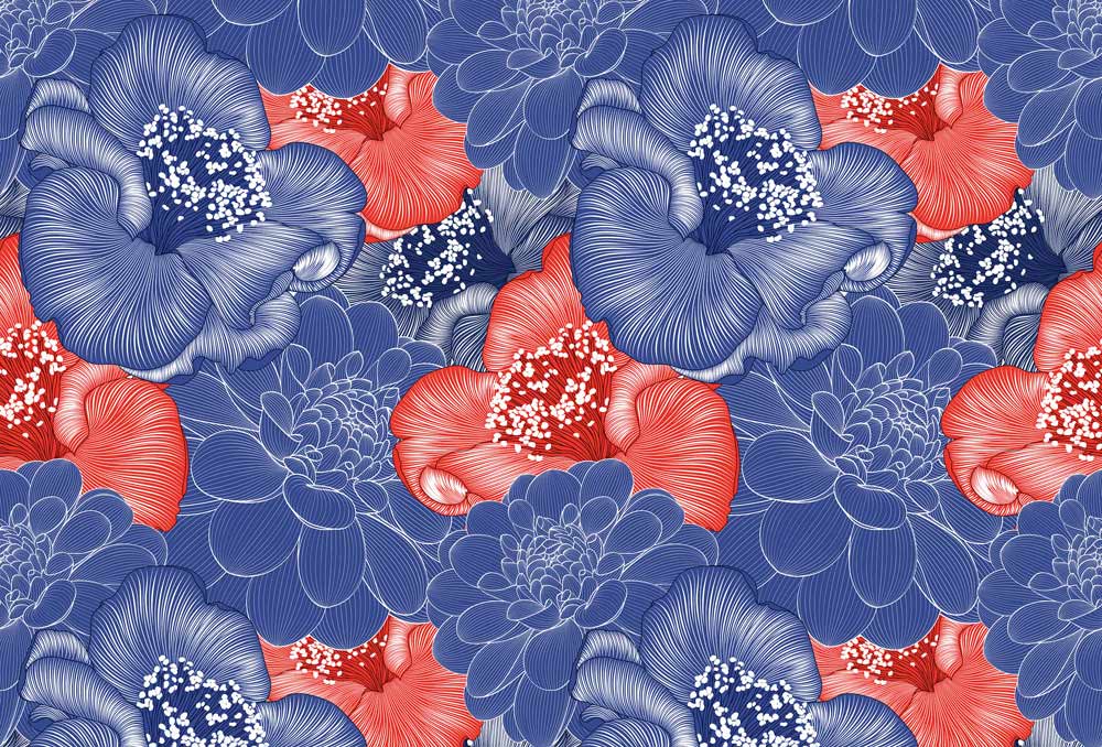 Elegant Floral Harmony Wallpaper with Vibrant Blue and Coral Red Design
