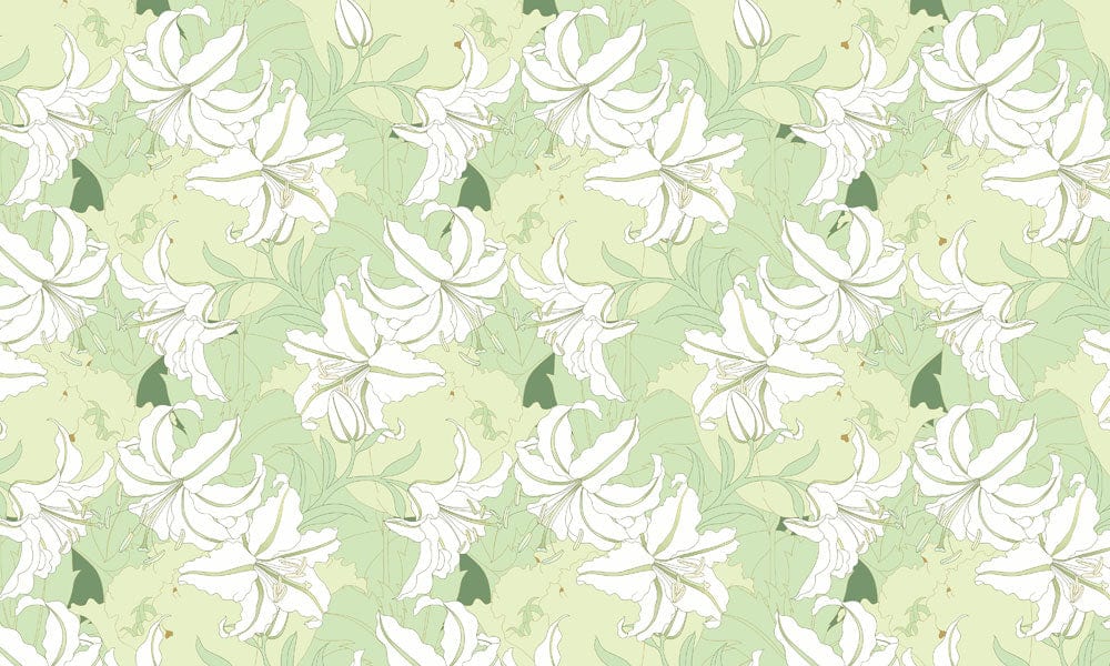 Elegant Vintage Lily Pattern Wallpaper in Soft Green and White Floral Design
