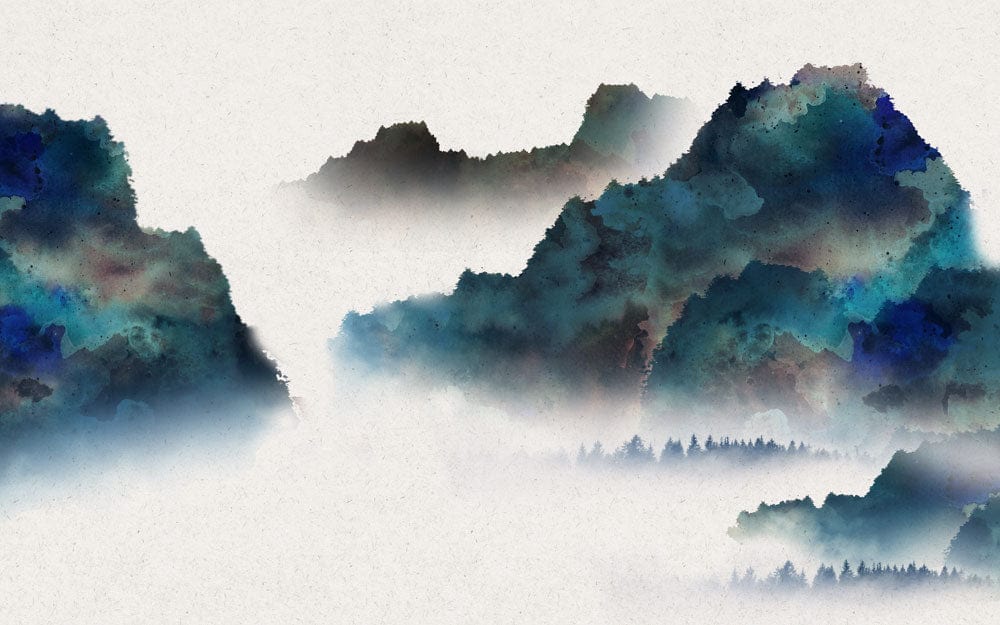Serene Watercolour Mountain Landscape Mural Wallpaper in Rich Blue and Green Hues