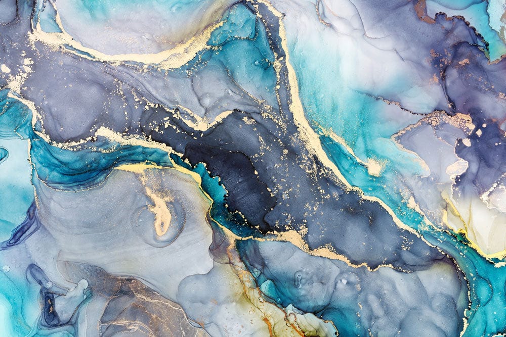 Luxurious Blue and Gold Marble Mural Wallpaper with Abstract Watercolour Design