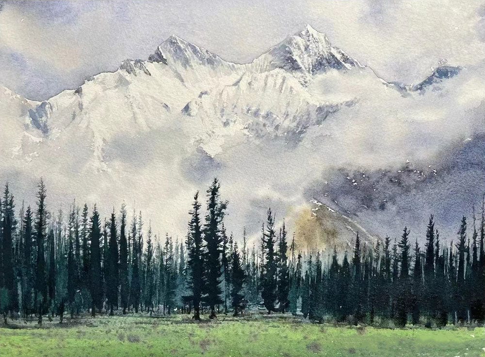 Serene Mountain Landscape Watercolour Mural Wallpaper in Soft Greens and Greys
