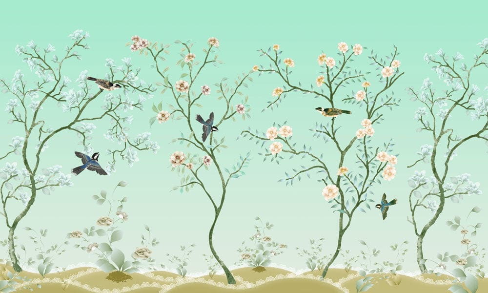 Serene Mint Green Floral and Bird Chinoiserie Mural Wallpaper Design