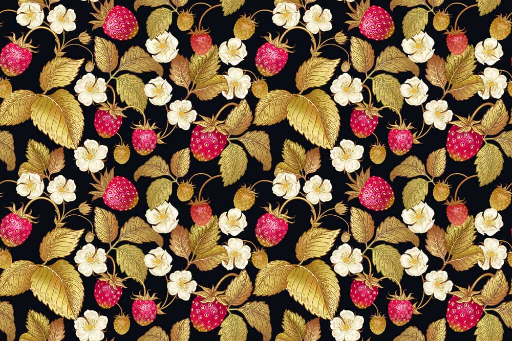 Vintage Botanical Strawberry Pattern Wallpaper with Gold Leaves on Black Background