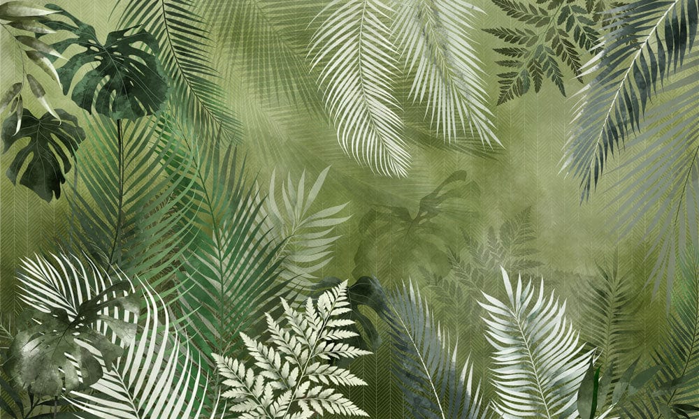 Tropical Green Jungle Foliage Mural Wallpaper - Botanical Leaf Pattern Design
