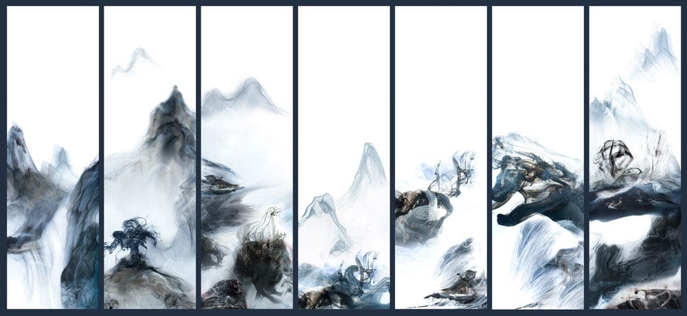 Serene Blue Mist Mountain Landscape Mural Wallpaper - Oriental Style Elegance