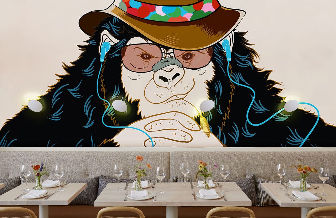 Chic Monkey Mural Wallpaper with Hat, Glasses; Dining Area, Modern Seating, Neutral Walls, Decorative Lighting.