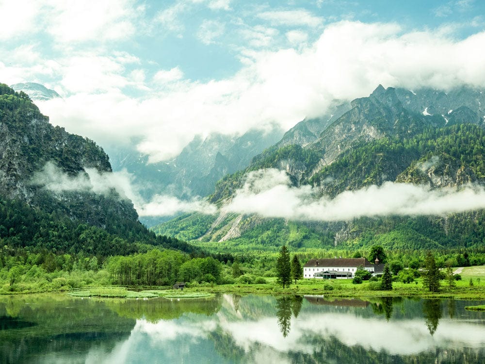 Tranquil Mountain Lake Scenic Landscape Mural Wallpaper in Verdant Green