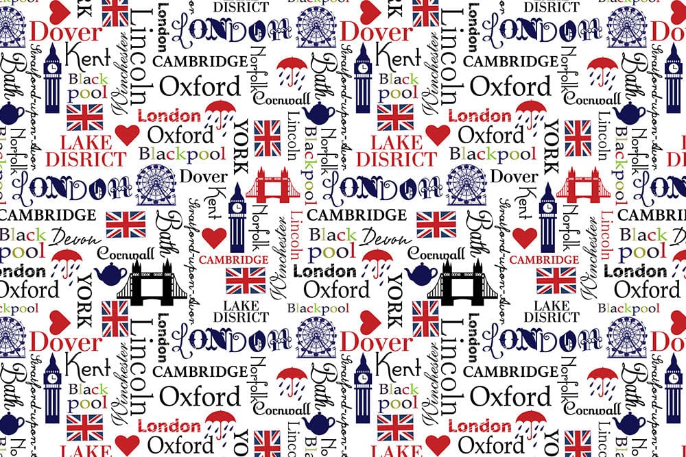 British Iconography Themed Wallpaper with Red, Blue, and White Motif Design