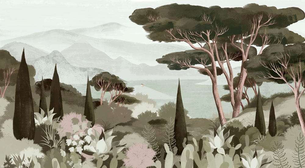 Serene Woodland Landscape Mural Wallpaper in Soft Greens and Earthy Tones