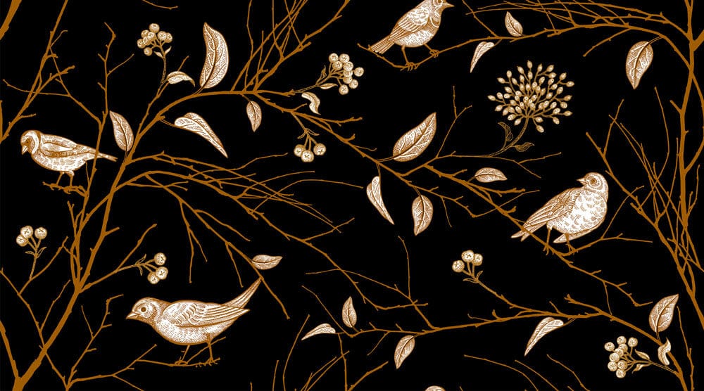 Elegant Gold and Black Bird Pattern Wallpaper for Luxurious Interiors
