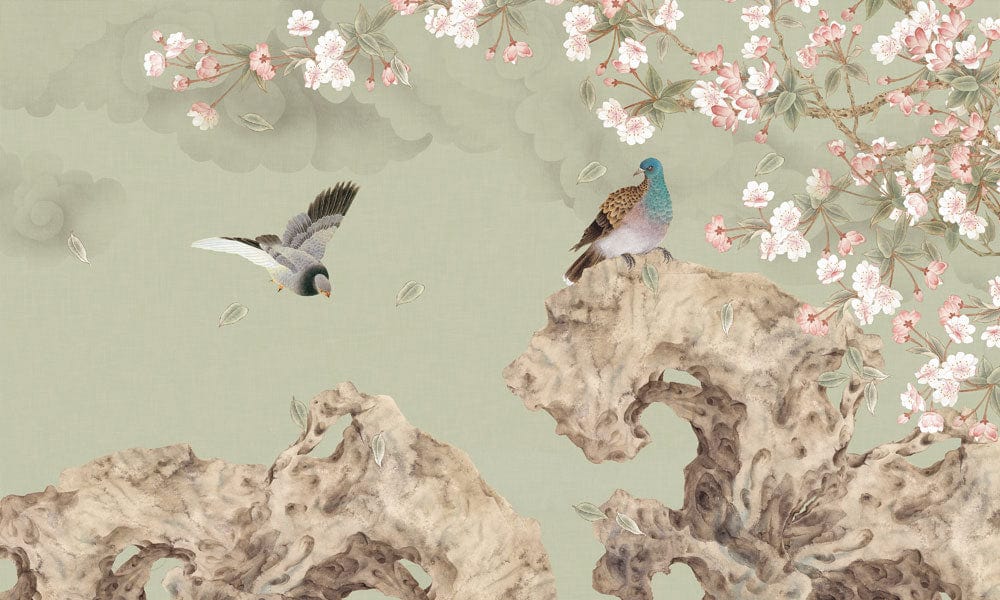 Serene Pastels Nature Mural Wallpaper: Birds and Cherry Blossoms Design